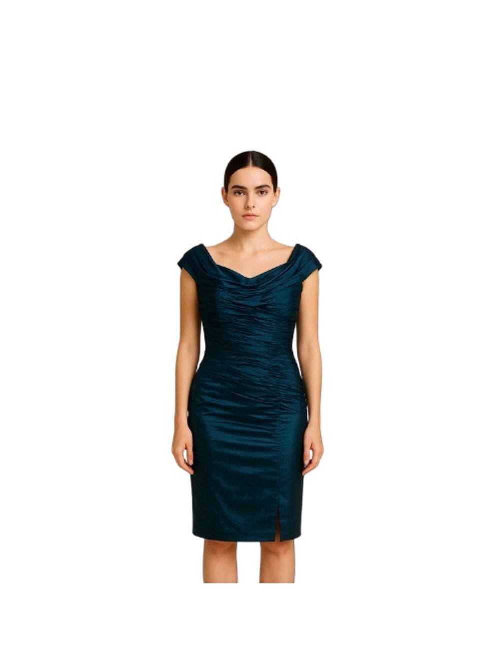 Tadashi Shoji Ruched Sheath Dress Teal Blue Sheen Asymmetrical Cap Sleeve 14